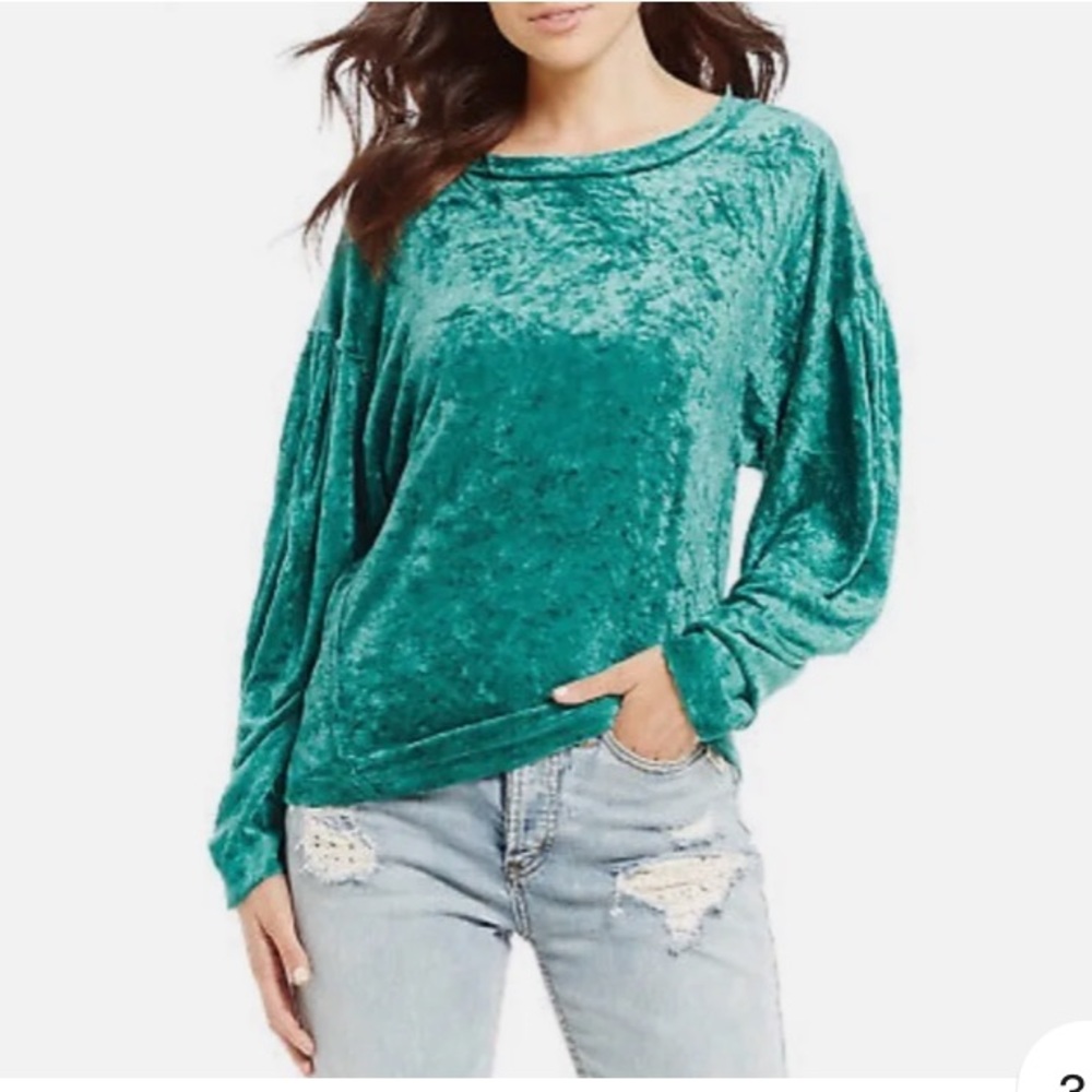 We the Free Free People Milan Sea Green Velvet Crew  Neck Sweatshirt W-241 Sz S